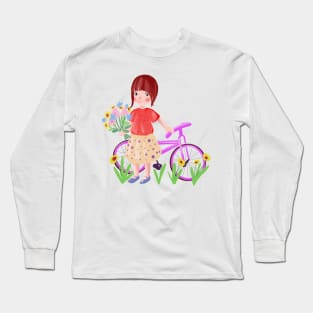 cartoon girl with a bicycle and a bouquet of wildflowers Long Sleeve T-Shirt